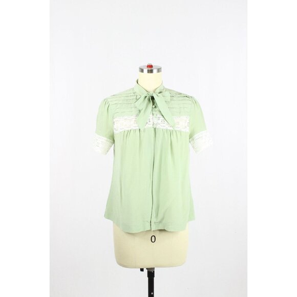 Vintage 90's LOVE Light Green Silk Crepe Lace Trim Pleated Blouse Top, Size XS - Picture 1 of 13